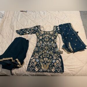 Dark Teal Embroidered Ethnic Shara Suit with Gold & Light Blue Accents